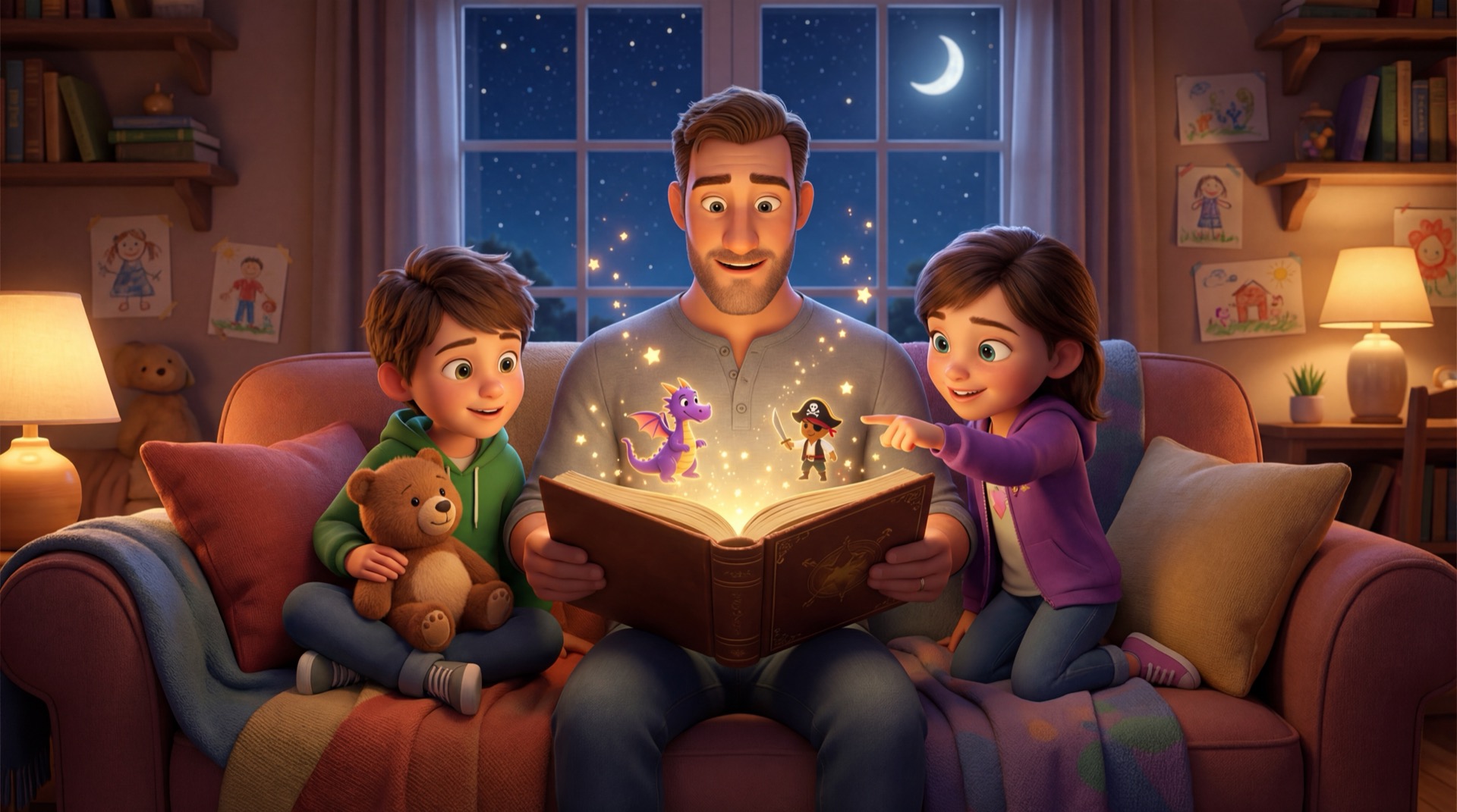 Family reading a magical story together